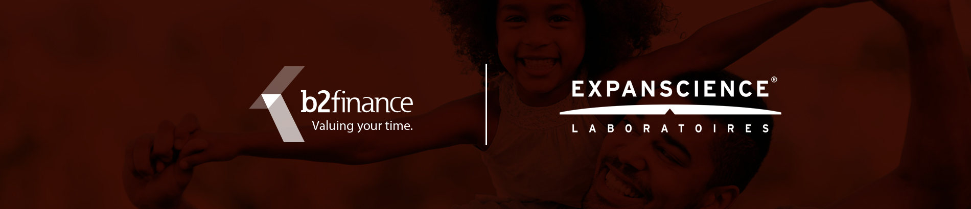 Arte em fundo vermelho sobre case da Expanscience com a b2finance